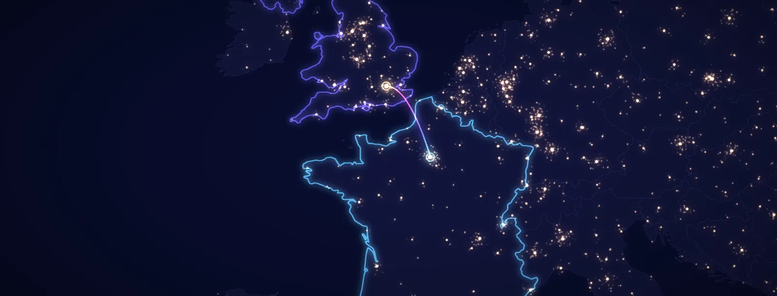 L'Europe de nuit vue de l'espace, reliée par un arc de lumière