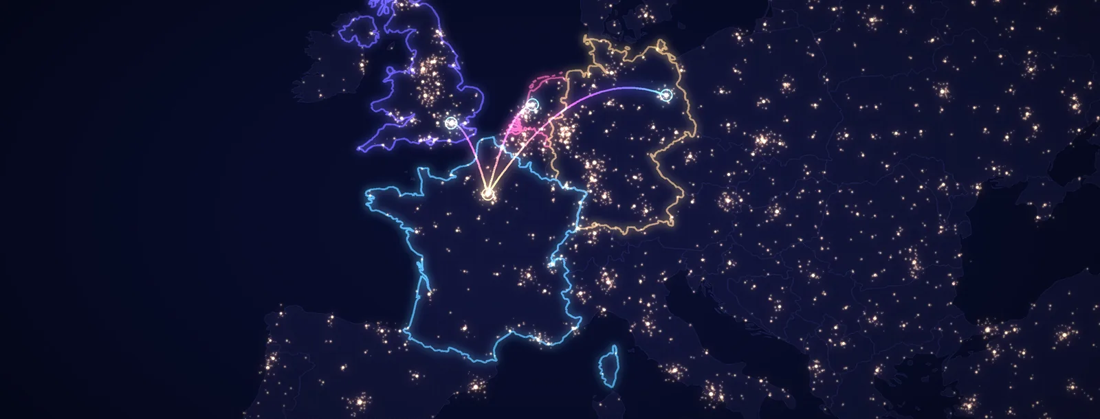 L'Europe de nuit vue de l'espace, reliée par un arc de lumière
